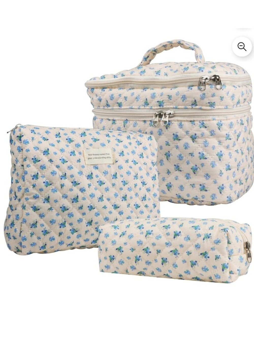 3 Pc Quilted Zip Floral Makeup Bag Set Blue Rose Cosmetic Toiletry Travel Gift